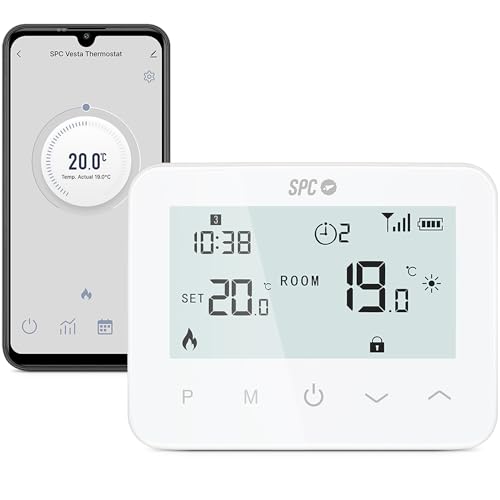 SPC Vesta Thermostat – WLAN-Heizungsthermostat für Gasheizkessel, intelligente App-Steuerung, kompatibel mit Alexa/Google, Erkennung offener Fenster, programmierbar und wandmontiert – Weiß