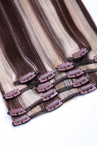 Clip In Extensions Set 100% Echthaar 7 teilig 70g Haarverlängerung 45cm Clip-In Hair Extension Nr. 4/613 Schokobraun Blond gesträhnt
