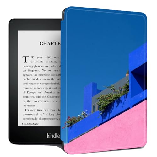 NAWVNMI Schutzhülle Für Kindle Voyage, Schlankes Und Dünnes Pu-Leder, Schützendes Smart Cover Mit Automatischer Sleep/Wake-Up-Funktion Für Kindle Voyage 2014, Blaues Gebäude, Für Kindle Voyage