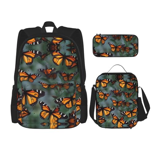 DRTGEDS Monarch Butterflies Rucksack mit Lunchbox, 3-in-1-Set mit Federmäppchen, Rucksack mit großem Fassungsvermögen und Brustgurt