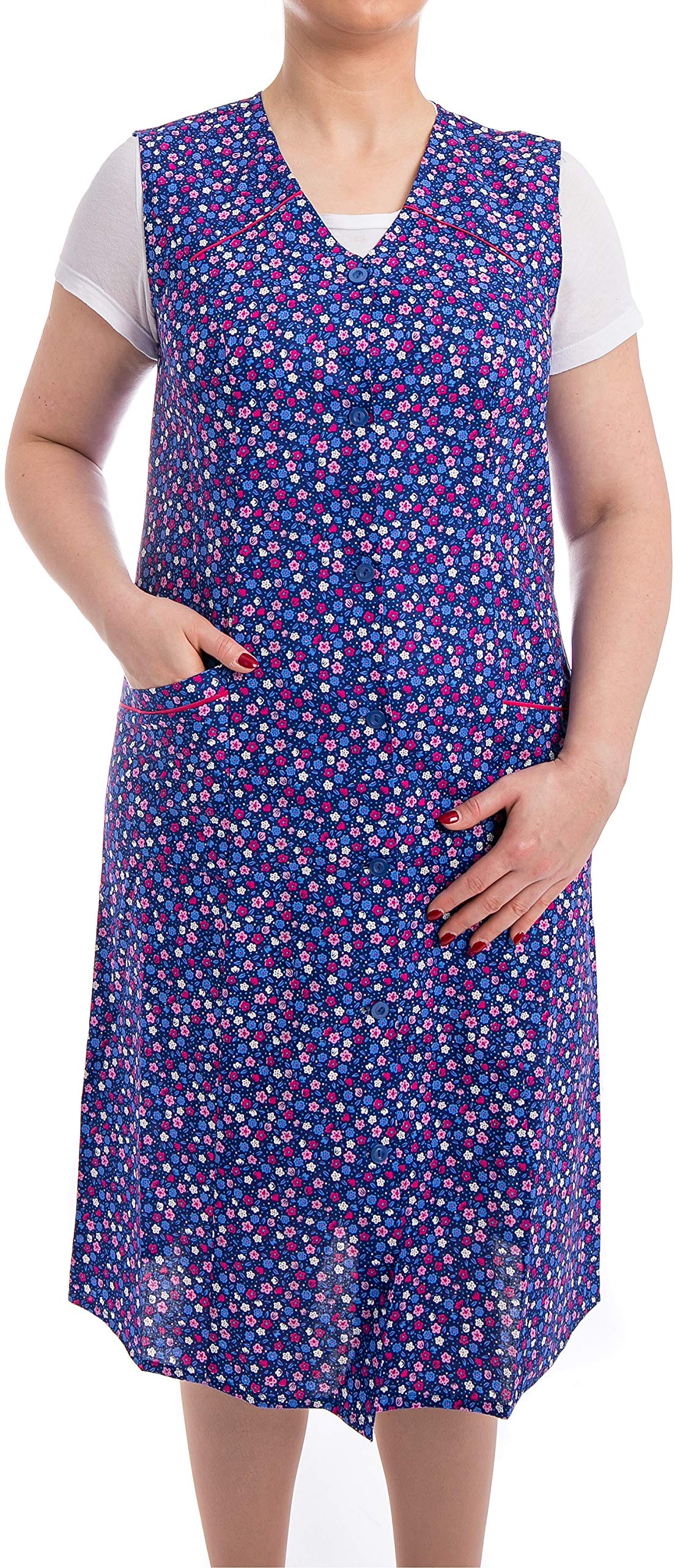 Tobeni Damen Kittelschürze Knopf-Kittel lang in 100% Baumwolle ohne Arm mit Taschen Farbe Design 31 Grösse 42