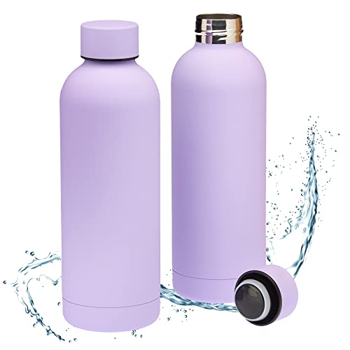 Smart-Planet 2er SET Premium Trinkflaschen aus Edelstahl 500ml - mit edler Touch Lackierung in Lila - 0,5l Thermo Edelstahltrinkflasche 100% auslaufsicher