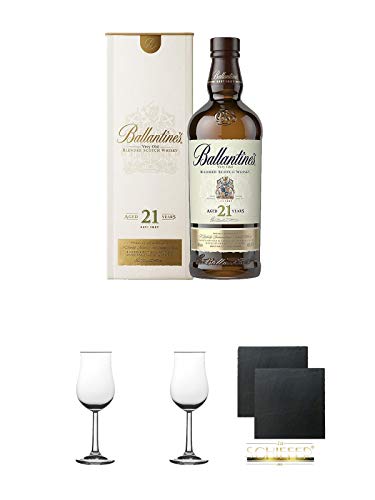 Ballantines 21 Jahre Blended Scotch Whisky + 2 Bugatti Nosing Gläser mit Eichstrich 2cl und 4cl + 2 Schiefer Glasuntersetzer eckig ca. 9,5 cm Ø