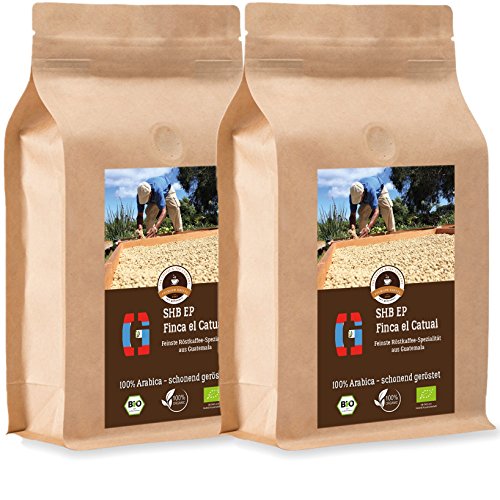 Kaffee Globetrotter - Bio Guatemala SHB EP Finca El Catuai - 2 x 1000 g Ganze Bohne - für Kaffee-Vollautomat, Kaffeemühle - Röstkaffee aus biologischem Anbau | Nachfüllpack Sparpack