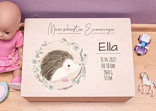 Personalisierte Erinnerungskiste - Holzkiste New Born Igel - Aufbewahrungskiste - Geschenk Geburt - Erinnerungsbox Baby Taufe - Holzkiste für Kinder