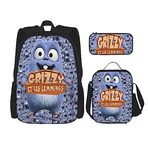 BRPOSOILYS Grizzy And The Lemmings Backpack Teen Boys And Girls with Lunch Box Pencil Case 3 in 1, lemmings 04, Taglia Unica, Rucksack Backpacks