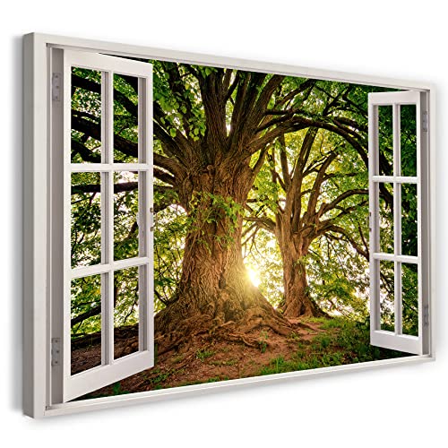 Printistico Leinwandbild (80x60cm) Fensterblick - Bäume Wald Sonne Strahlen Natur - Natur-Fotografie, echter Holz-Keilrahmen inkl. Aufhänger, handgefertigt in Deutschland