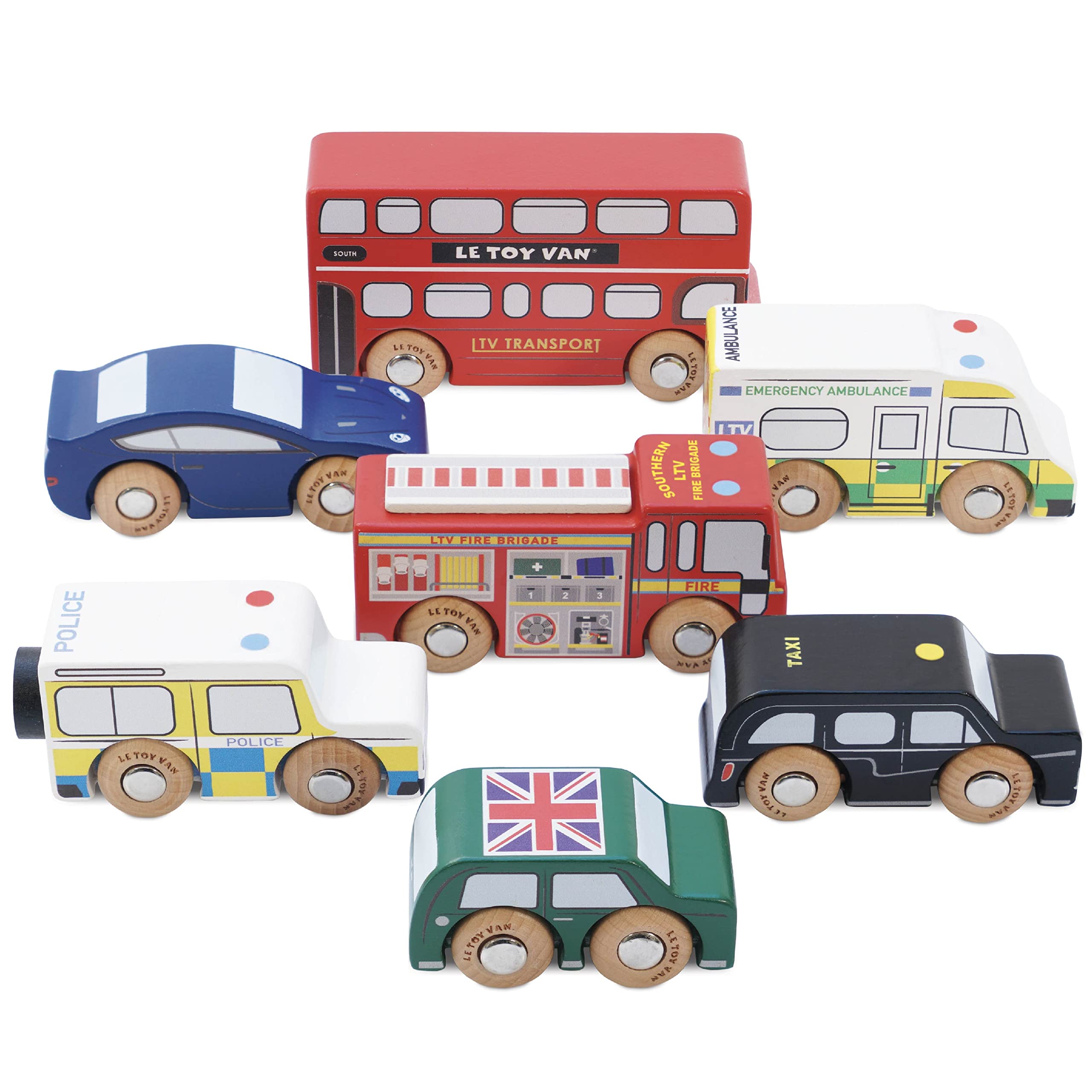 Le Toy Van – Kultiges Spielset mit Holzautos im London-Design – 7-teiliges Set | Fahrzeug-Rollenspiel für Jungen – Geeignet für Kinder ab 3 Jahren
