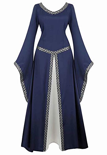 Josamogre Mittelalter Kleid Kleidung Renaissance mit Trompetenärmel Party Kostüm bodenlang Vintage Retro Costume Cosplay Damen Blau M