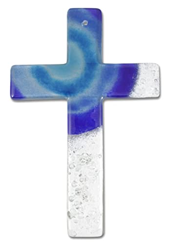 Glaskreuz Wandkreuz Sonne blau weiß modern 20 x 13 x 0,5 cm - Schmuckkreuz - Handarbeit