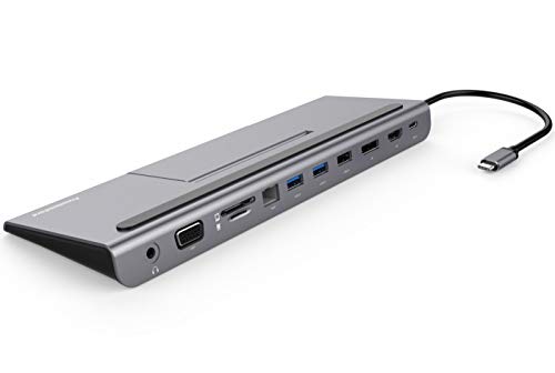 PremiumCord USB-C MST Full Size Dockingstation mit Telefonständer, 4K HDMI, DisplayPort, VGA, 2X USB 3.0, Gigabit RJ45, SD, Audio, PD, Full HD, Aluminiumgehäuse, Kabellänge 20cm