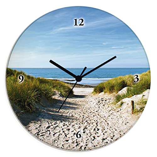Artland Wanduhr ohne Tickgeräusche Glasuhr rund mit Motiv Design Funkuhr lautlos Größe: Ø 30 cm Strand Creme T9EX