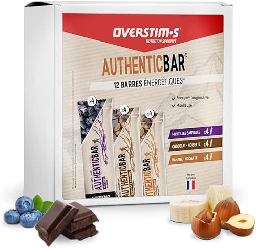 OVERSTIM.s- Authentischer Riegel (Sortiment 12 Riegel) - Antioxidantien-Energieriegel - Ausdauerleistungen - Natürliche Zutaten - 4 Schokolade-Haselnuss, 4 Banane-Haselnuss, 4 Heidelbeere