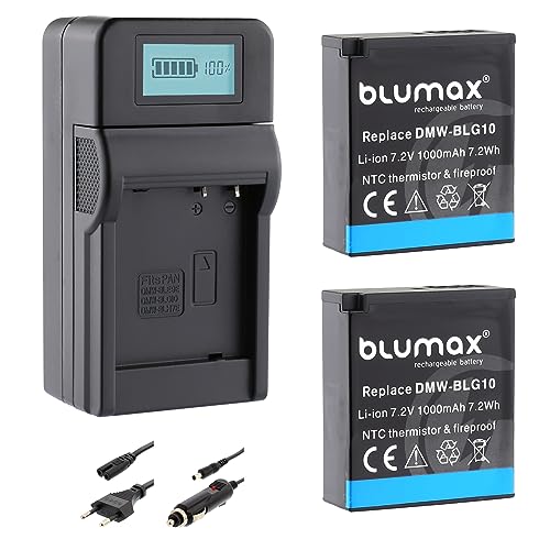 2X Blumax DMW BLG10e Akku 1000mAh (NTC Temperatursensor & V1 Gehäuse) + Turbo Ladegerät kompatibel mit Lumix DC GX9 TZ202 TZ91 DMC TZ101 TZ81 GF6 GX7 GX80 LX100 G110