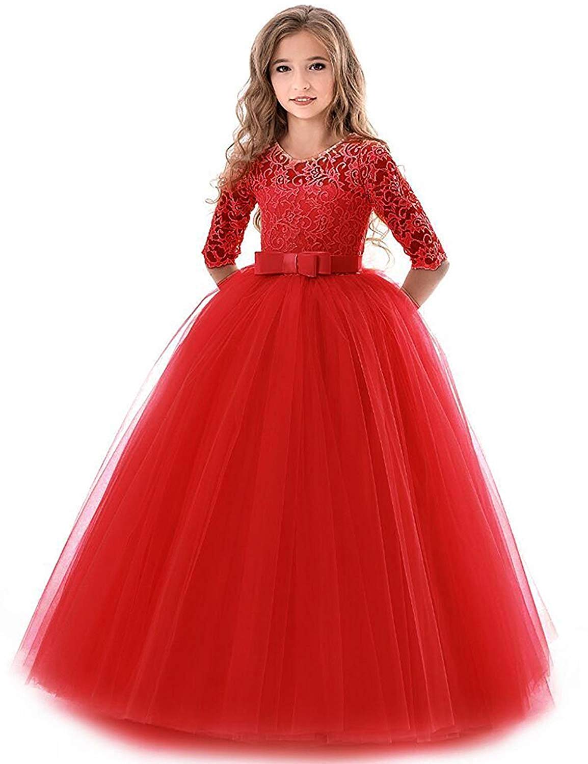 IBTOM CASTLE Blumensmädchenkleid Prinzessin Festliches Kinder Mädchen Kleid Festzug Kleider Hochzeit Partykleid rot 9-10 Jahre