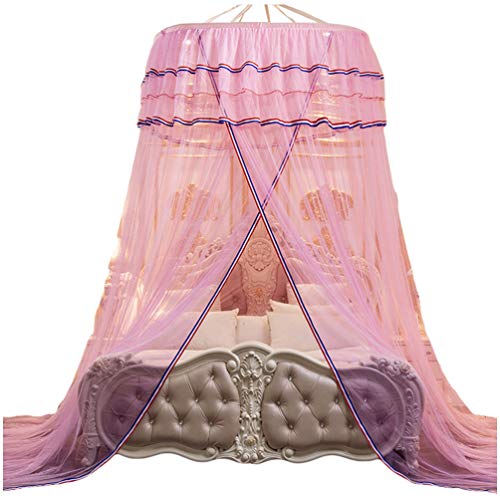 Kaiyei Moskitonetz Universal Himmelbett für Doppelbett, Einzelbett, Kinderbetten, Prinzessin Rund mit Klebehaken Schlafzimmer Palast Europäischer Stil Pink 180cm×200cm