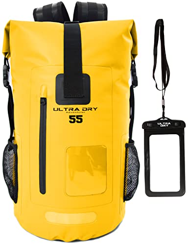 Premium-Rucksack, wasserdicht, 35 Liter, mit wasserdichtem Handybeutel, perfekt für Boot-/Kajak-/Kanufahren, Angeln, Rafting, Schwimmen, Camping, Snowboarden., ., gelb, 35 L