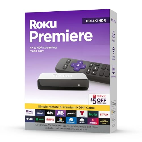 Roku 3920RW-SW Premiere | 4K/HDR Streaming-Media-Player, WLAN-fähig mit Premium-High-Speed-HDMI-Kabel und einfacher Fernbedienung