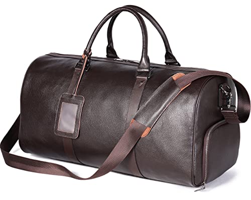 ELMAIN Leder-Seesack für Herren, Retro-Reisetasche mit unabhängiger Schuhposition, einzelne Schultertasche, Kaffee-Groß