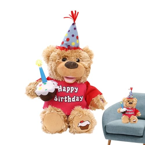 Shichangda Alles Gute zum Geburtstag Plüschbär, Plüschbärenspielzeug - 32 cm großes, animiertes Plüschtier mit Cupcake - Elektrisch singendes, musikalisches Plüschtier mit leuchtender Kerze und