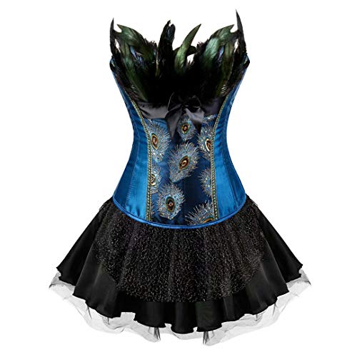 Josamogre Corsagenkleid Feder Korsett Kleid Dessous Corsage elegant Stickerei Kostüme Pfau Halloween kostüm Rock Blau Schwarz L