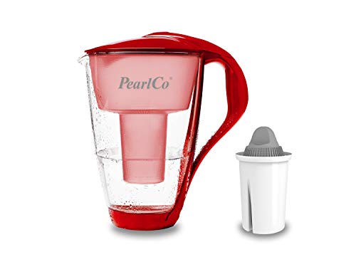 PearlCo - Glas-Wasserfilter (rot) mit 1 Protect+ classic Filterkartusche (f. hartes Wasser) - passt zu Brita Classic