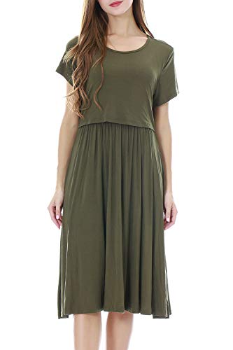 Smallshow Damen Lässiges Kurzarm Stillkleid Umstandskleid für Stillen Army Green X-Large