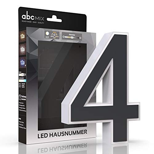 abcMIX LED Hausnummer, personalisierbare beleuchtete Hausnummer, Hausnummernleuchte mit LED - Hausnummer 4, Farbe ANTHRAZIT