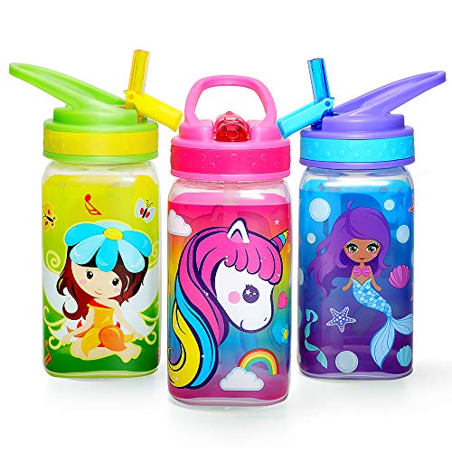 Home Tune Trinkflasche für Kinde - BPA frei, breiter Mund, Flip Sip Top, leicht zu öffnen, leicht, auslaufsichere Wasserflasche für Mädchen & Jungen - 440ml 3 Pack Einhorn & Fee & Meerjungfrau