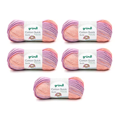 Gründl Wolle Cotton Quick Batik Strickgarn/Häkelgarn (Garn mit Farbverlauf aus 100% Baumwolle, OEKO-TEX zertifiziert, 100 g / 260 m, Nadelstärke: 3-4, 5 x 100 g), creme-rosa-lila-flieder