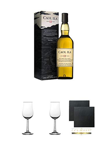 Caol Ila 12 Jahre Islay Single Malt Whisky 0,7 Liter + 2 Bugatti Nosing Gläser + 2 Schiefer Glasuntersetzer eckig ca. 9,5 cm Ø