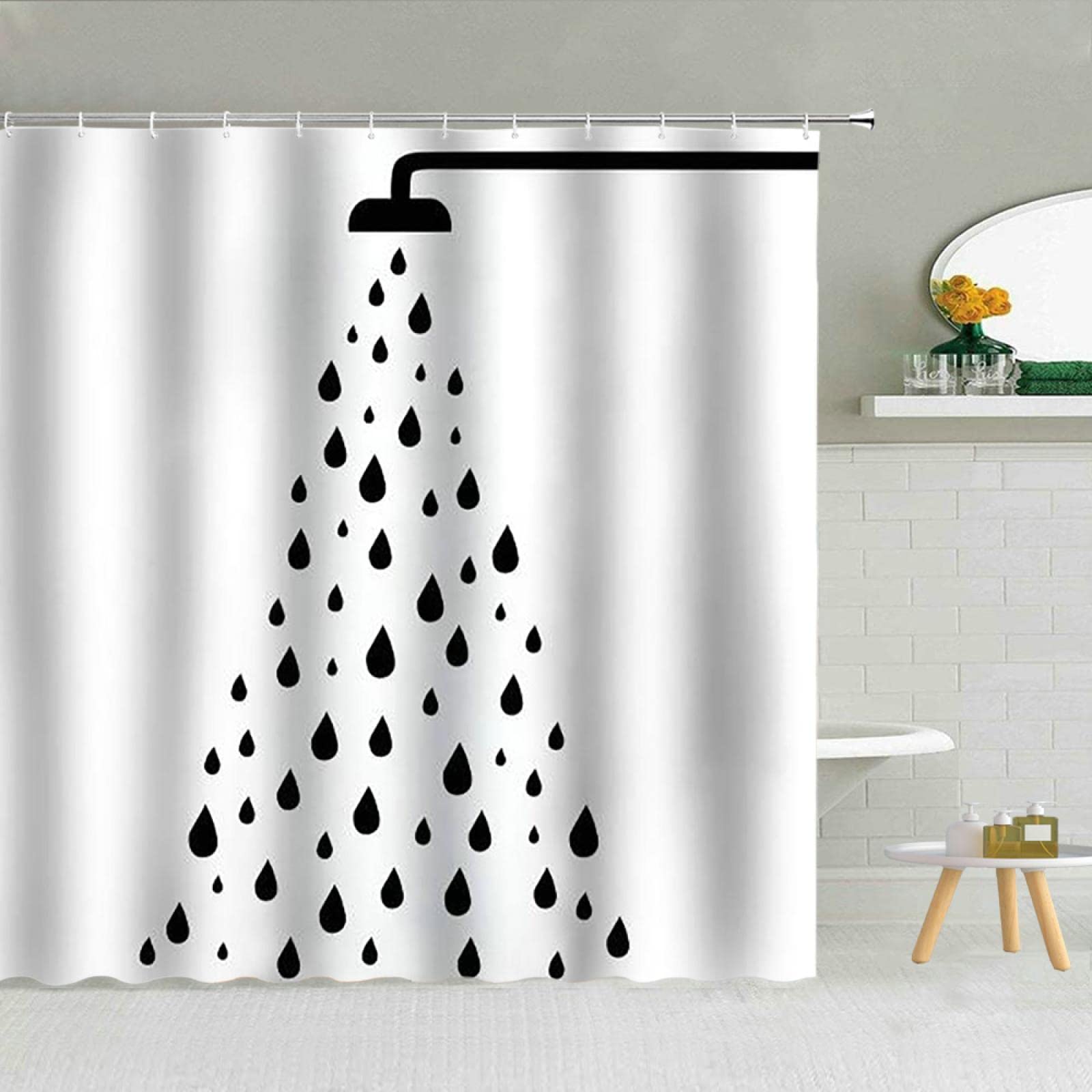 Rumlly Einfacher schwarz-weißer Regentropfen-Duschvorhang, Geometrie, Wassertropfen-Muster, Polyesterstoff, Badezimmervorhänge, Heimdekoration, 240 x 180 cm