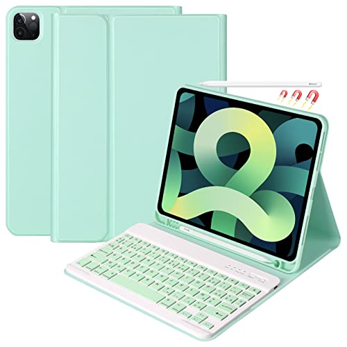 Tastatur für iPad Air 5 2022/Air 4 2020, Schutzhülle für iPad 10.9 2020 mit Tastaturhülle, Französisch, kabellos, für iPad Pro 11 2021/2020/2018, abnehmbare Bluetooth-Tastatur und Hülle mit Nut (Mint Green)