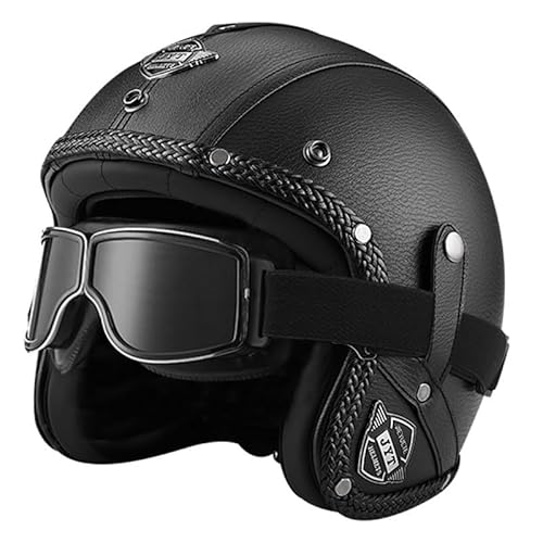 Motorradhelm Retro Leder Jethelm Halbhelme Halbschale Jet-Helm Mit Brille Motorrad Brain-Cap Halbschalenhelm Roller-Helm Mofa-Für Helm Herren Damen Mopedhelm Halber Jethelm ECE-Zertifiziert 5,L