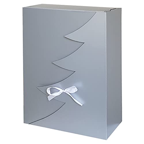 Premium Silberne Weihnachtsbaum Geschenkbox – 24 Stk – 35x25x15 cm | Eingetragenes EU-Design | Satinband | Nachhaltige Verpackungslösung