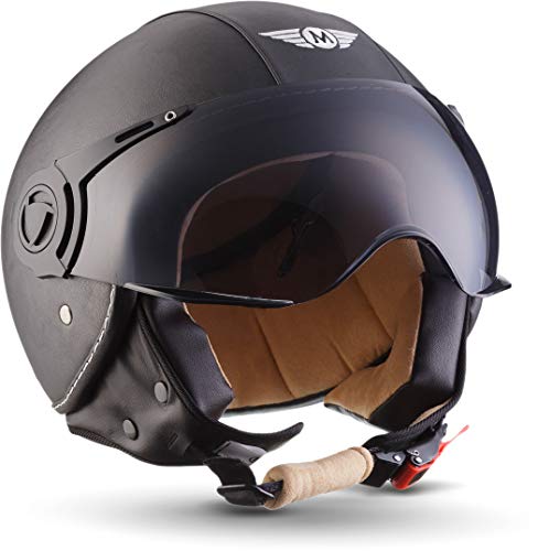 Moto Helmets H44 Leather black - JET VESPA Roller Motorrad-Helm Bobber Chopper Retro-Helm Pilot - kurzes Visier + Leder schwarz - ECE geprüft - XS (53-54cm)