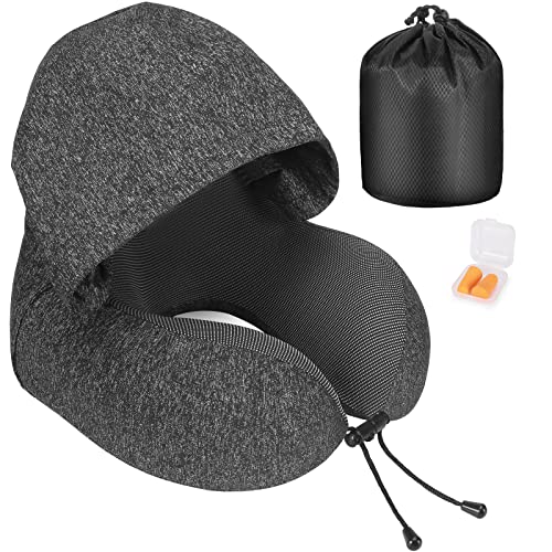 Amazon Brand - Eono Nackenkissen Memory Foam, Reisekissen mit Haube, Bequemes Nackenhörnchen mit Haube für Flugzeug, Auto, Zug, Büro, Nackenkissen Reise zum Schlafen