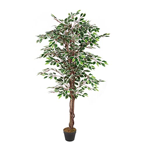 Künstliche Pflanze Ficus Holzstamm Blatt aus Stoff Blumentopf Kunststoff schwarz Dekobaum (160cm 1008 Blätter)