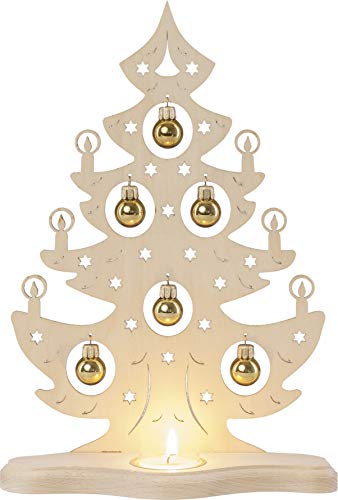 weigla Teelichthalter Weihnachtsbaum mit goldenen Kugeln für EIN Teelicht Erzgebirge garantiert