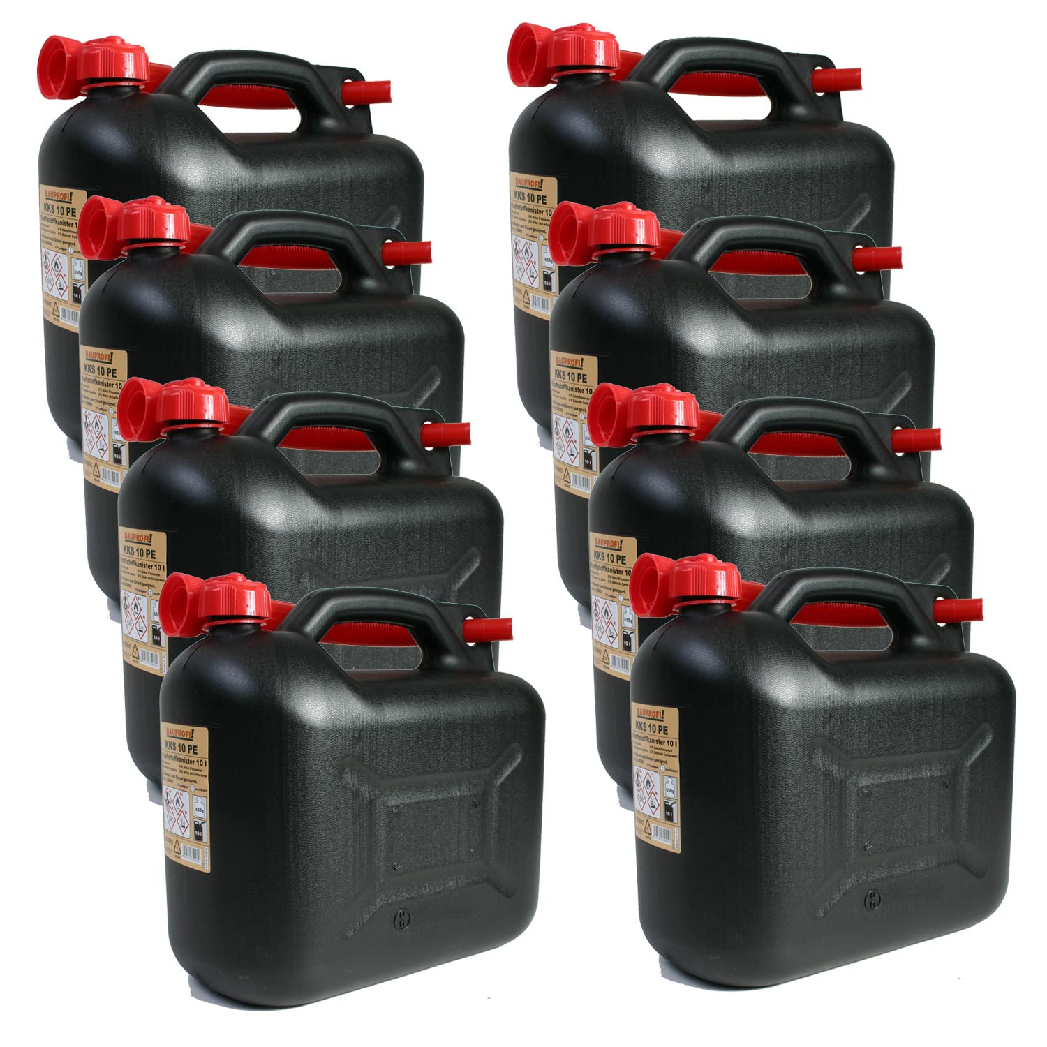 BAUPROFI 8er Set: 8x Benzinkanister KKS 10 PE Liter schwarz mit UN Zulassung