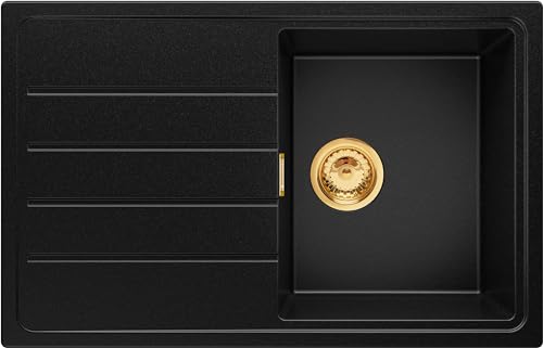 Spülbecken Schwarz 78x50 cm, Granitspüle + Ablauf-Set Gold, Küchenspüle für 45er Unterschrank, Einbauspüle von Primagran