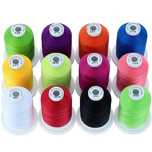 New brothread 12 Leuchtende Farben Mehrzweck 100% Mercerisierte Baumwollfaden 30WT (50S/3) 600M zum Quilten, Nähen und Sticken