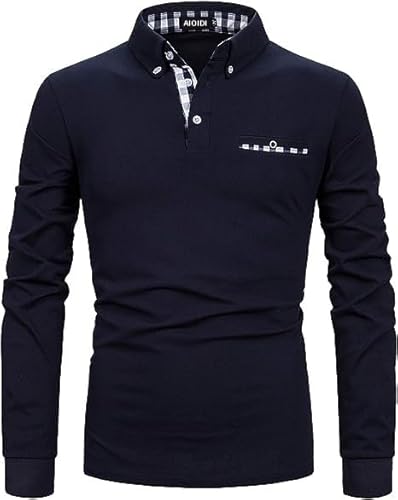 IVAN-LI Herren Klassische Plaid Baumwolle Poloshirt Langarm Basic Polohemd Polo Blau L