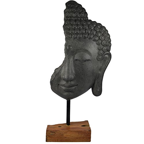 My-goodbuy24 XXL Deko Buddha Kopf auf Holz Sockel 69cm grau | Buddha-Figur für Wohnung - Statue Wohnaccessoire Skulptur Feng Shui Dekoration - Polyresin (Kunststein) - Unikat