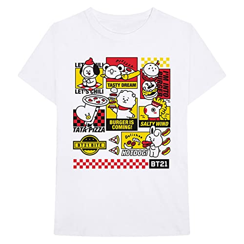 BT21 BTS Kpop Unisex Baumwolle Rundhalsausschnitt Kurze Ärmel Tee Shirt, Bite Fast Food, Weiß, Large