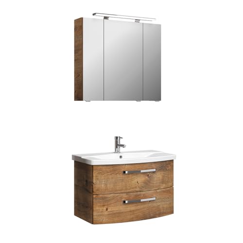 Lomadox Badezimmer Waschplatz Set 2-teilig, 84cm breit, in Eiche Ribbeck | Spiegelschrank mit LED-Aufsatzleuchte, Waschtisch mit Keramikwaschbecken | montiert