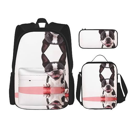 Robuster und leichter Taschenrucksack, Umhängetasche, Lunch-Tasche, Stifttaschenset – verstellbarer Schultergurt, niedliches Hundebild, Schwarz , Einheitsgröße