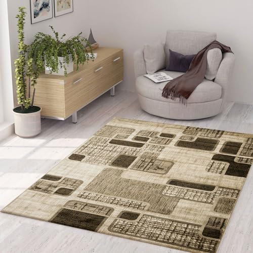 VIMODA Designer Teppich Kariert Retro Muster Meliert in Braun Hellbraun Beige, Maße:160 x 230 cm