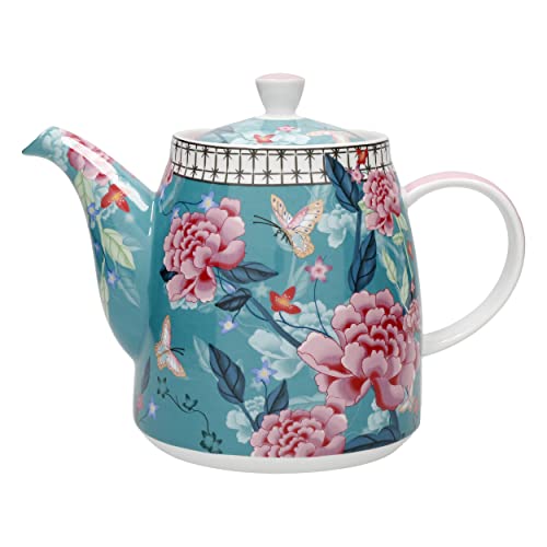 London Pottery Keramik-Filter-Teekanne, Glockenform, Blaugrün, Blumenmuster, 1 l, beschriftet