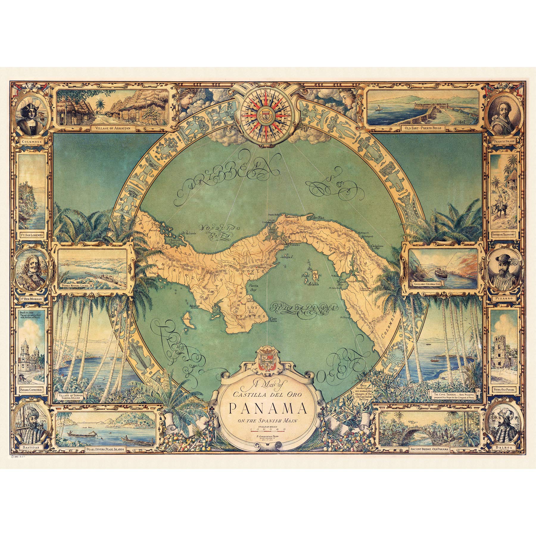 Map Tripp 1930 Panama Pictorial Premium Wall Art Canvas Print 18X24 Inch Karte Wand